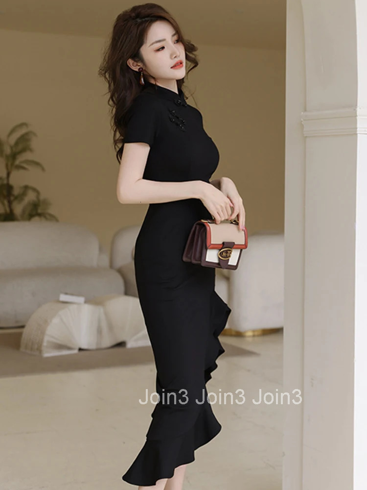New High Quality Summer Chinese Style Elegant Women Evening Dress Mujer Black Stand Neck Slim Midi Party Club Prom Robe Vestidos