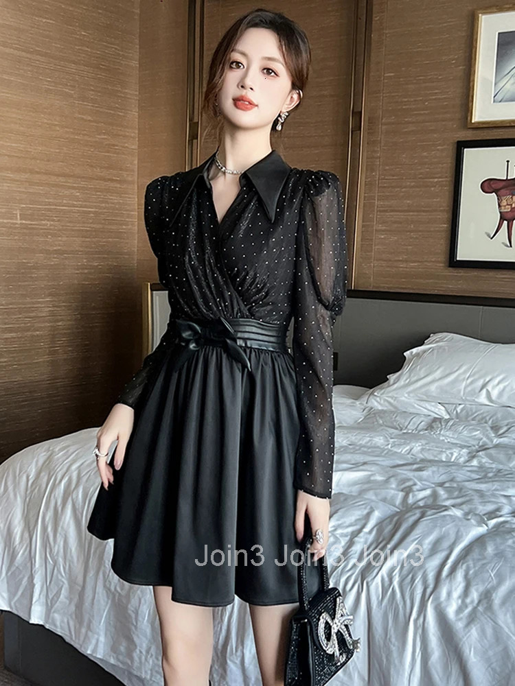 Autumn Casual Black Fake 2 Pieces Shirt A-Line Short Dress Women Clothes Elegant Sweet Bow Sexy Lapel Puff Sleeve Slim Vestidos