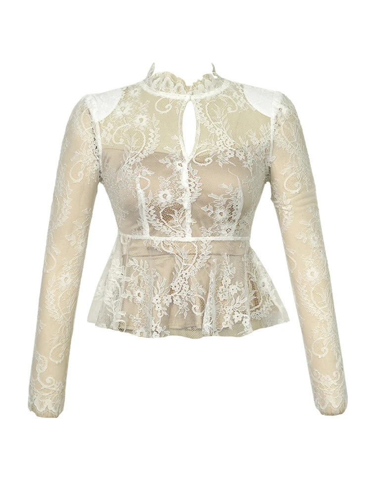 New Spring Autumn Pullover Shirt Women Elegant Lady Chic Lace Sexy Sheer Hollow O-Neck Long Sleeve Slim Mujer Femme Tops Outfits