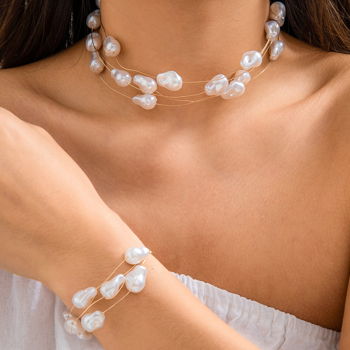 Ins Palace Style Baroque Imitation Pearl Niche Simple Copper Wire Wrapped Necklace for Women