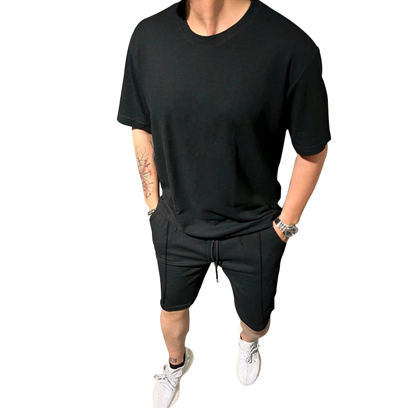 Tracksuit Men's T-shirt casual shorts Waffger short-sleeved T-shirt men's casual sportswear set summer shorts two-piece set European code: S