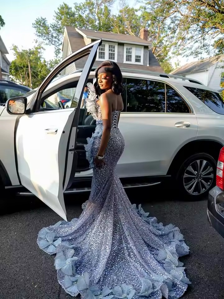 Luxurious Beading Mermaid Prom Dresses African Hand Flowerswith 3D Floral Glitter Crystals Formal Evening Occasion Gowns