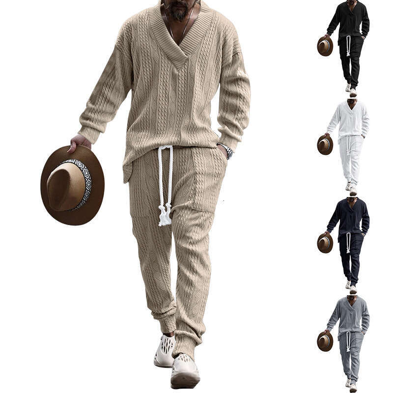 Hot-Selling Cross-Border New European and American Casual Long Pants V-Neck Versatile Jacquard Knit Sweater Men's Autumn Set