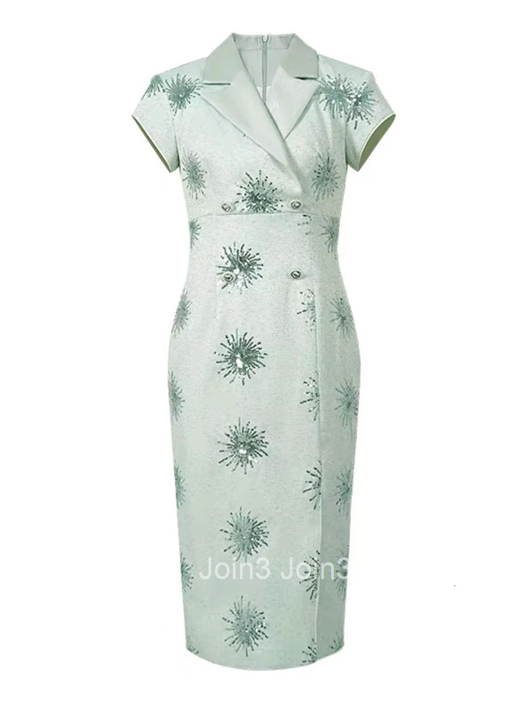 New Summer Fashion Sequin Formal Occasion Pencil Dress Women Clothes Elegant Office Commute Short Sleeve Slim Slit Midi Vestidos