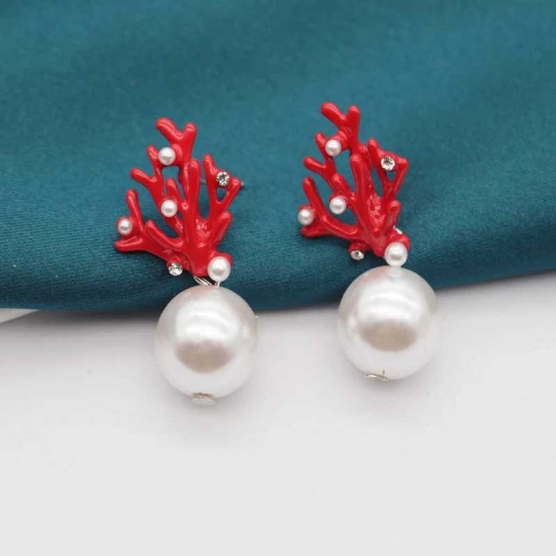2024 Chic Jewelry Accessories Womens Fashion Faux Pearl Drop Red Coral Branch Statement Earrings with Mini RhinestonesXJ250623