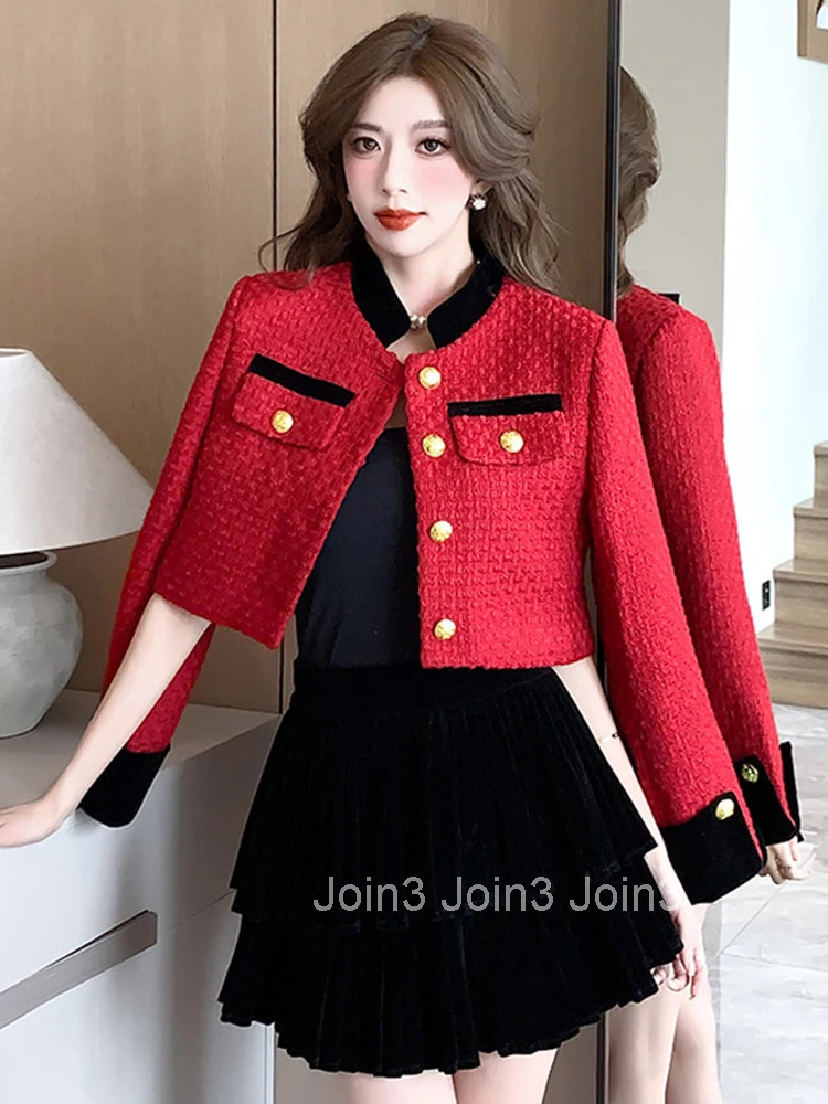 Korean Fashion Vintage 2 Pieces Outfits Women Ladies Mujer Elegant Red Coat Jacket Outwear And Strap Mini Dress Short Set Autumn