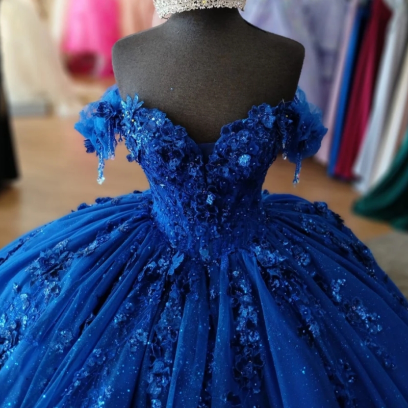 Royal Blue Shiny Princess Ball Gown Quinceanera Dresses Floral Applique Beaded Corset Tull Sweet 16 Dress Vestidos De 15 Anos