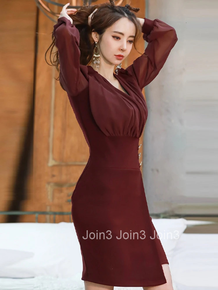 Fashion Spring Autumn Commute Short Pencil Dress Women Clothing Elegant Formal Sheer Long Sleeve V-Neck Slim Midi Mujer Vestidos