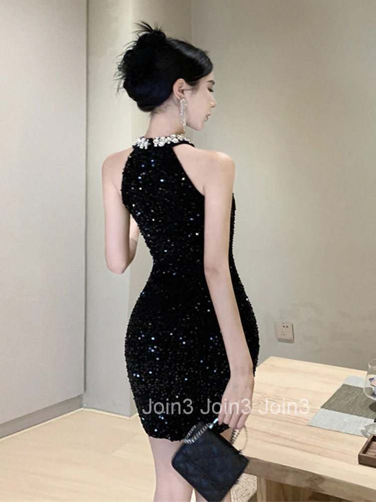 Women Clothes Retro Black Shiny Sequin Sexy Sleeveless Slim Mini Short Dress Elegant Luxury Evening Party Club Prom Vestidos New