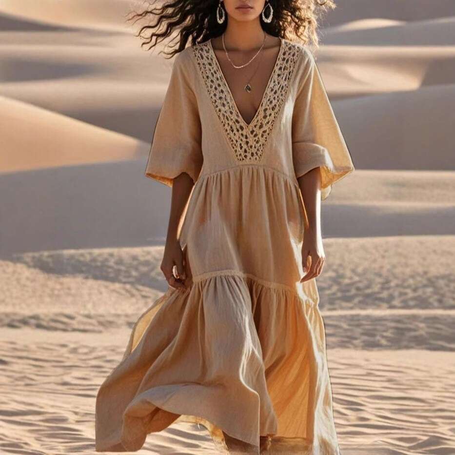 V-Neck Hollow Lace Beach Vacation Loose Swing Dress B5