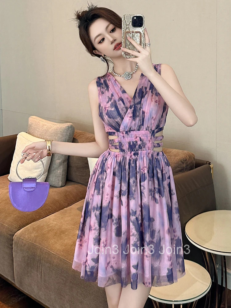 Women Clothes Floral Print Sexy Sleeveless Hollow Slim Mini Short A-Line Dress Elegant Fashion Party Vestido Vacation Casual New