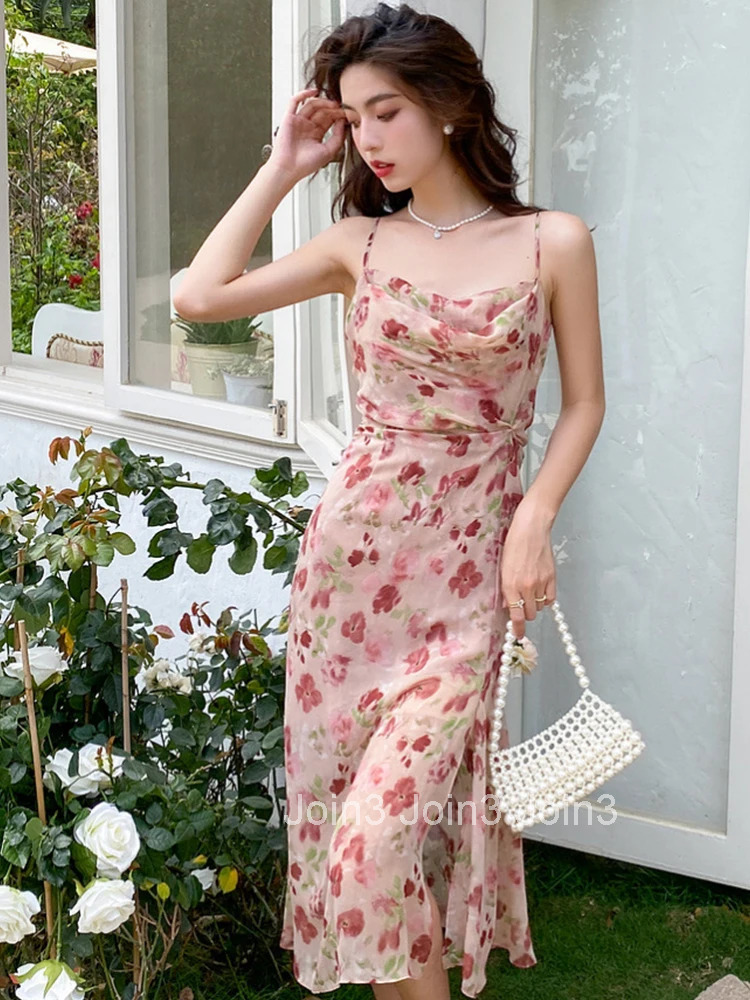 Fashion Summer Long Evening Dress For Women Elegant Sweet Print Sexy Strap Slim Slit Midi Party Prom Beach Mujer Vestidos Robe