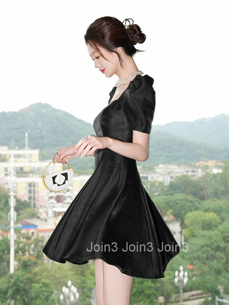 Summer Elegant Black Simple Gown Evening Dress Women Clothes Retro Puff Sleeve Slim A-Line Short Party Club Prom Vestidos Fiesta