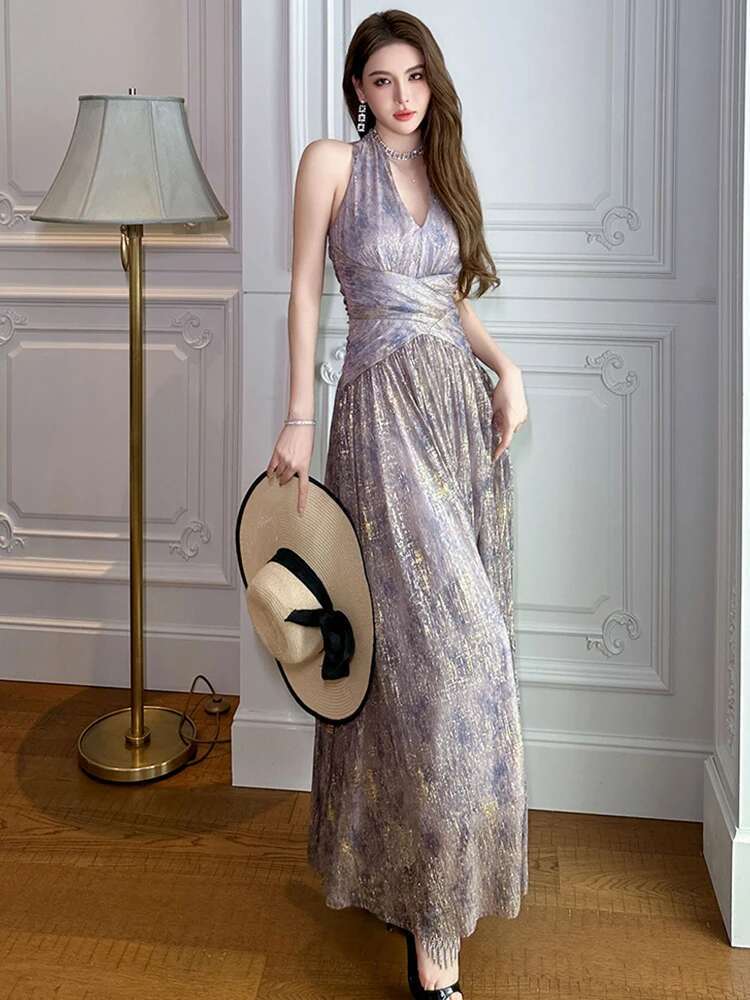 Summer Sparkly Evening Long Dress Women Clothes Elegant Sexy Halter Backless Slim A-Line Party Prom Vestidos Robe Vacation Beach