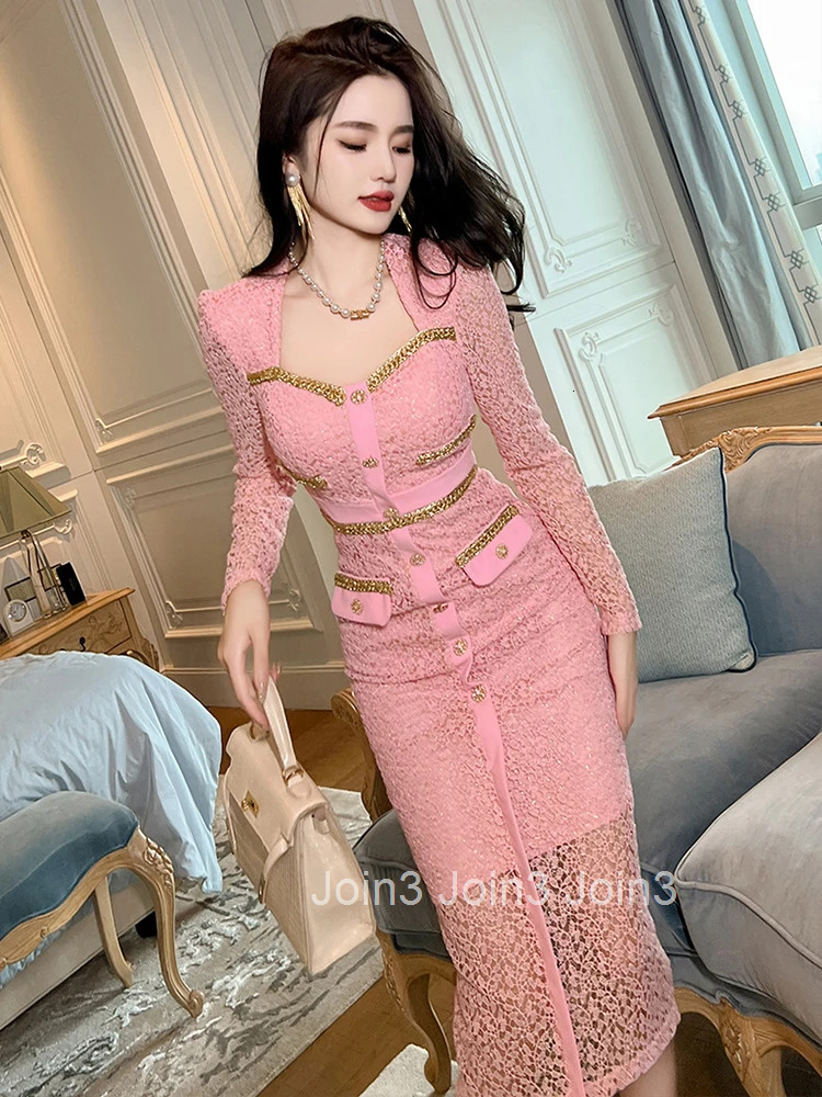 New Fashion Lace Pink Golden Shiny Silk Dresses For Women Mujer Ladies Elegant Luxury Sweet Square Collar Slim Dress Robe Femme
