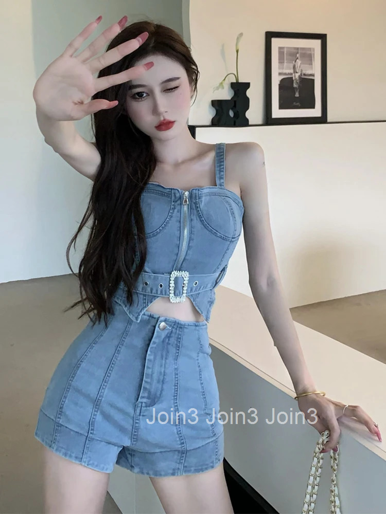 Denim Sexy Club 2 Pieces Outfits Women Casual Strap Backless Short Cropped Tops Shirt Blouse Shorts Femme Mujer Slim Sets Summer