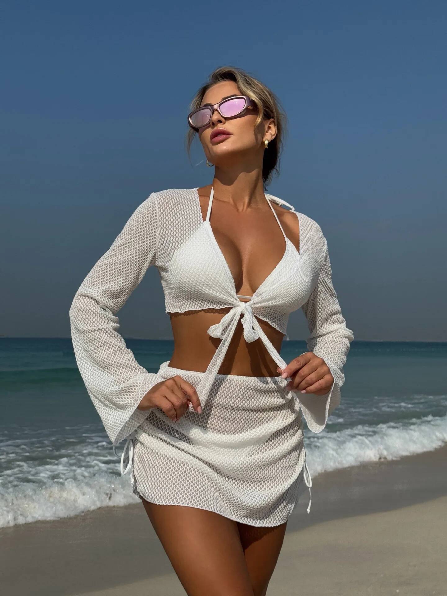 Summer Holiday 4 Piece Bikini Set 2025 Women Sexy White Long Sleeve Cover Up And Skirt Swimsuit Beach Bathing Suit Pool Swimwear