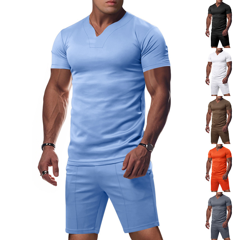 Tracksuit Mens tracksuit Men's British V-neck Jersey shirt quick-drying loose trendy short-sleeved shirt and shorts set European code: S-XL