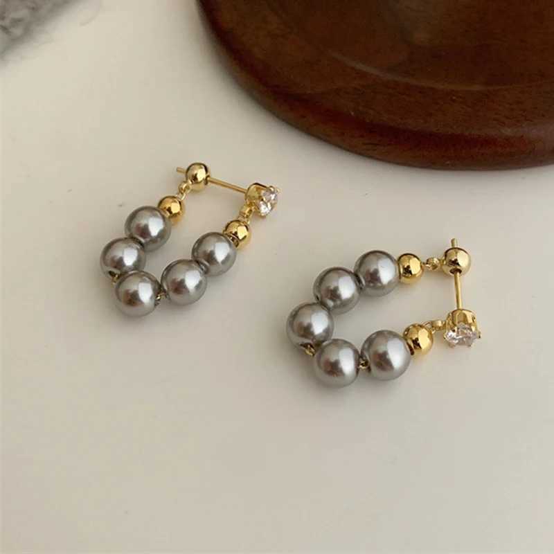New Delicate Gray Pearl Zircon Hoop Earrings for Women Vintage Elegant Crystal Beaded Earrings Bride Wedding Jewelry Gifts XJ250623