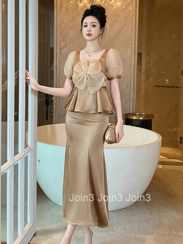 Fashion Summer Satin 2 Pieces Outfits Women Clothes Elegant Floral Puff Sleeve Tops Shirt Blouse High Waist Midi Skirt Mujer Set