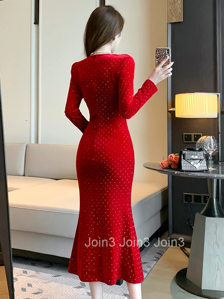 New Autumn Winter Retro Velvet Sparkly Evening Dress Women Clothes Elegant Square Collar Midi Fishtail Robe Party Prom Vestidos