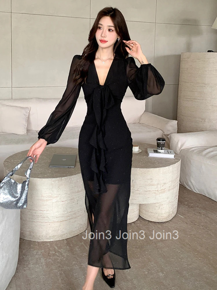 Spring Autumn Fashion Elegant Lady Black Chiffon Mermaid Dress Women Clothes Casual Lantern Sleeve Slim Midi Robe Party Vestidos