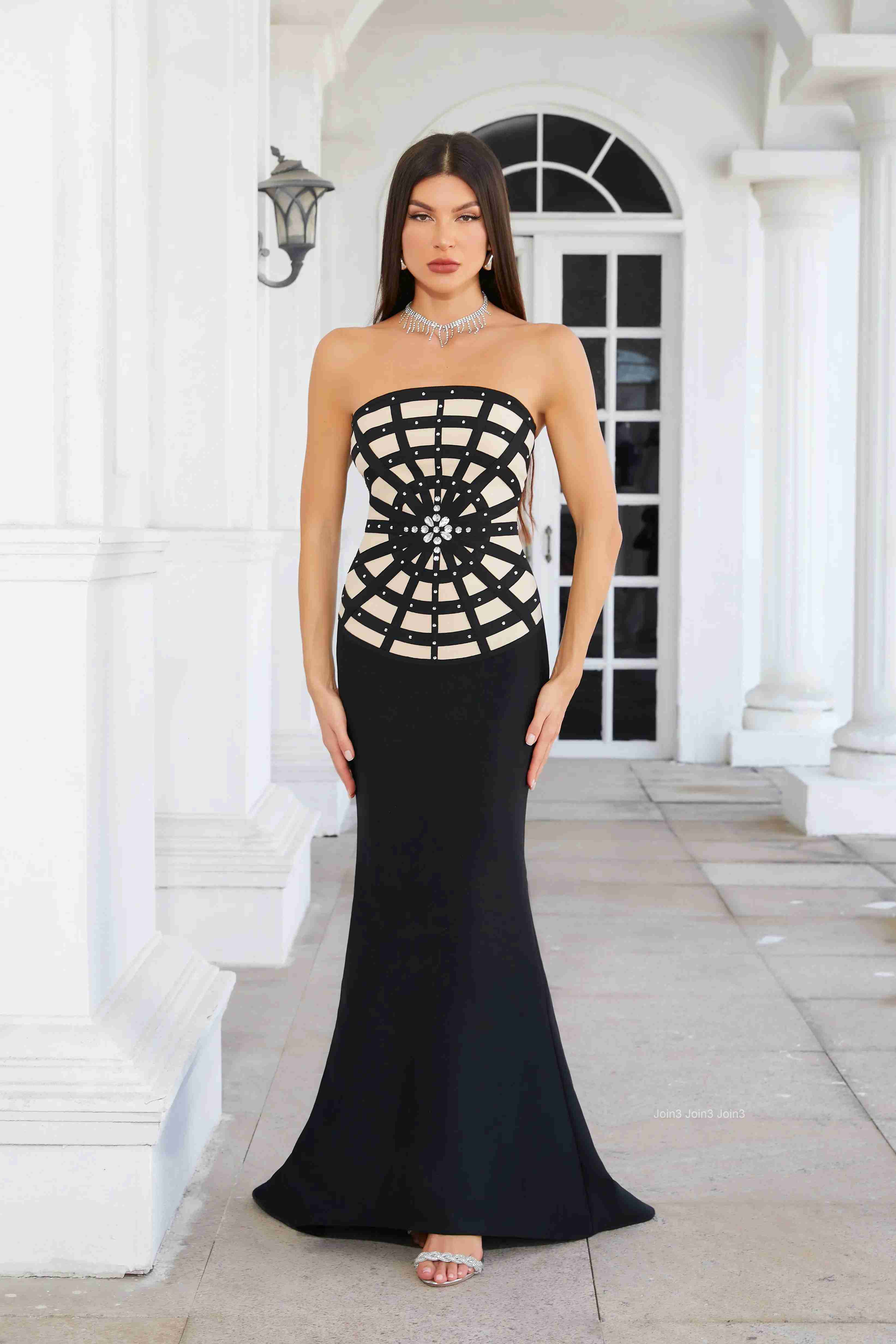 Womens Black Bandage Dress Strapless Grid Lace Mermaid Gown Beaded Mesh Panels Fishtail Evening Dress Formal Attire