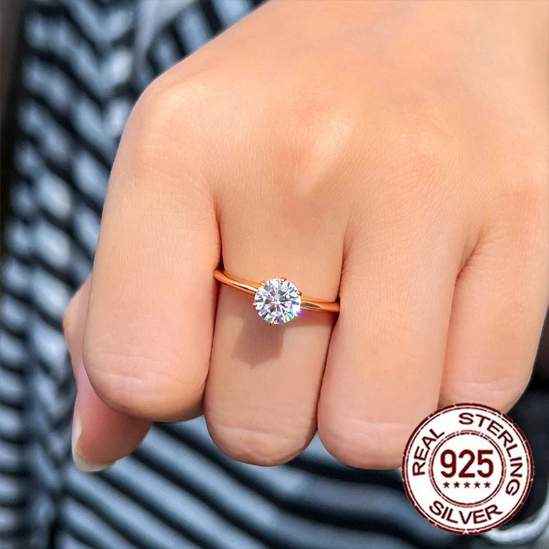 QooLady 925 Sterling Silver Shiny Round Cubic Zircon Gold Color Ring for Women Bridal Engagement Wedding Band Jewelry Gift SR053 250617