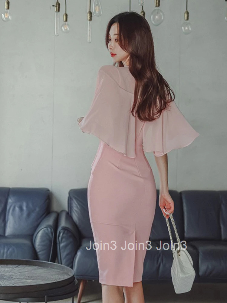 Fashion Summer Pink Pencil Dress Women Clothes Elegant Pretty Chic Sweet Cloak V-Neck Slim Midi Party Prom Robe Mujer Vestidos