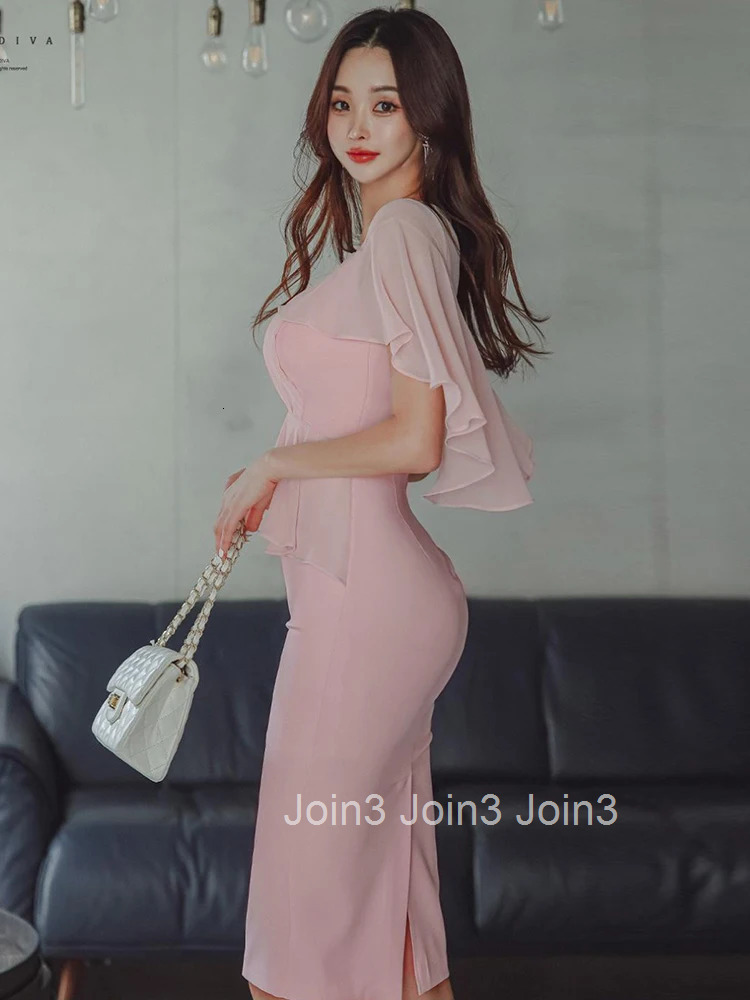 Fashion Summer Pink Pencil Dress Women Clothes Elegant Pretty Chic Sweet Cloak V-Neck Slim Midi Party Prom Robe Mujer Vestidos