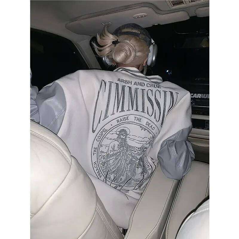 Vintage Embroidery Outerwear Ing Bomber Jackets Traf Varsity Jacket Baseball Uniform Color Contrast Couple Coat For Women