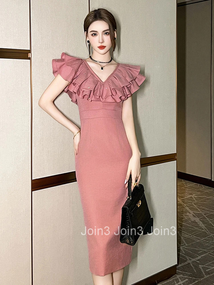 New Elegant Summer Fashion Pink Evening Dress Women Clothing Formal Occasion Sweet Ruffle V-Neck Slim Party Prom Vestidos Fiesta