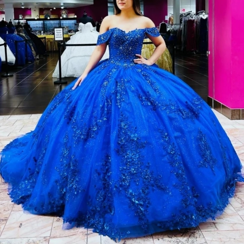 Royal Blue Shiny Princess Ball Gown Quinceanera Dresses Floral Applique Beaded Bow Sweet 16 Dress Vestidos De 15 Anos