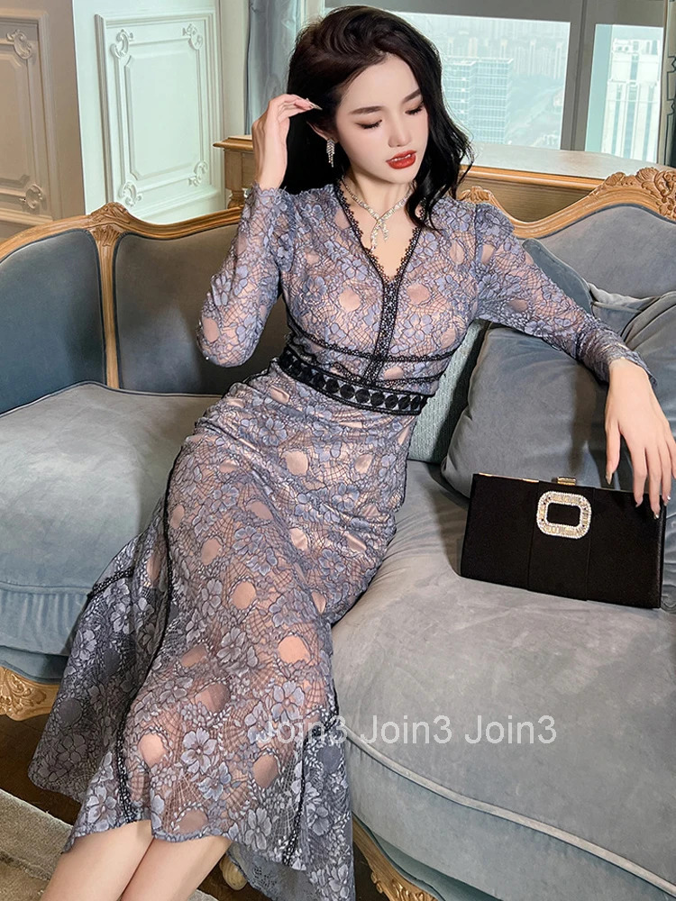 New Fashion Lace Formal Occasion Long Fishtail Dresses Women Clothing Ladies Mujer Elegant V-Neck Slim Dress Vestidos Robe Femme