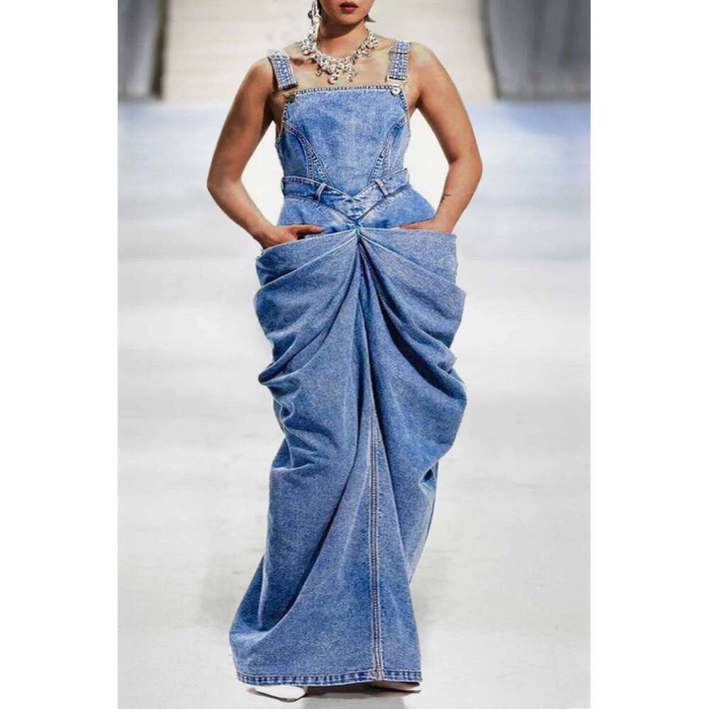 Plus Size Summer Daily Blue Bow Overalls Fold Maxi Sleeveless Denim Long Dress For Women