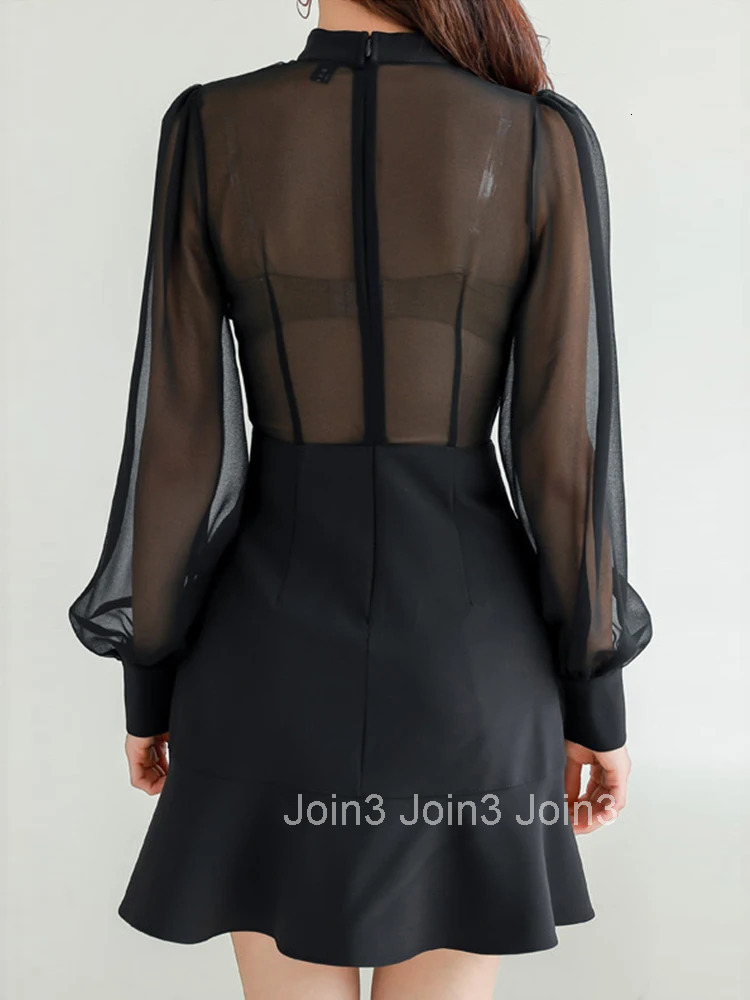 New Arrival Chiffon Perspective Mini Mermaid Dress Temperamental Black High Quality Work Style Cute Sexy Trumpet Dress