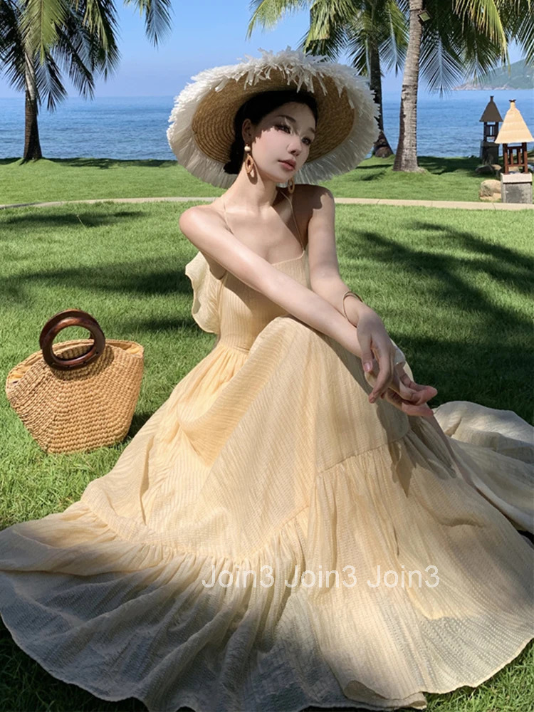 Women Vacation Clothes Sweet Sexy Sling Backless Slim A-Line Maxi Long Dress Elegant Fashion Party Prom Vestidos Robe Beach New