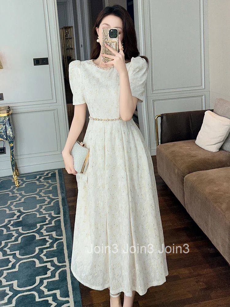 Summer Fashion White Lace Evening Dress Women Clothes Elegant Sweet Flower Puff Sleeve Slim Midi A-Line Party Prom Vestidos Robe