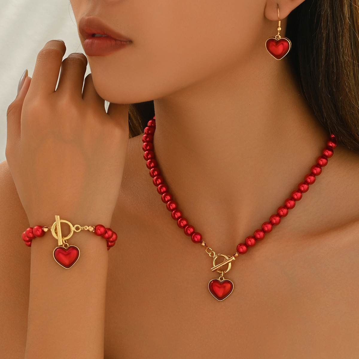 New Women's Jewelry Set Heart Woven Pearl Design Necklace Earrings Hand Accessories