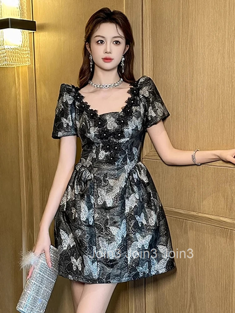 Summer Butterfly Print Black Gown Evening Dress Women Clothes Elegant Retro Puff Sleeve A-Line Short Party Prom Vestidos Fiesta