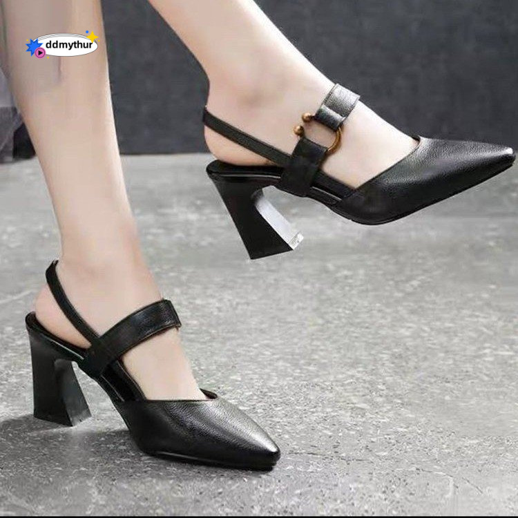 Summer New Women's Casual Square Toe Slingback Sandals with Chunky High Heels Fashionable Leather Shoes ddmythur
