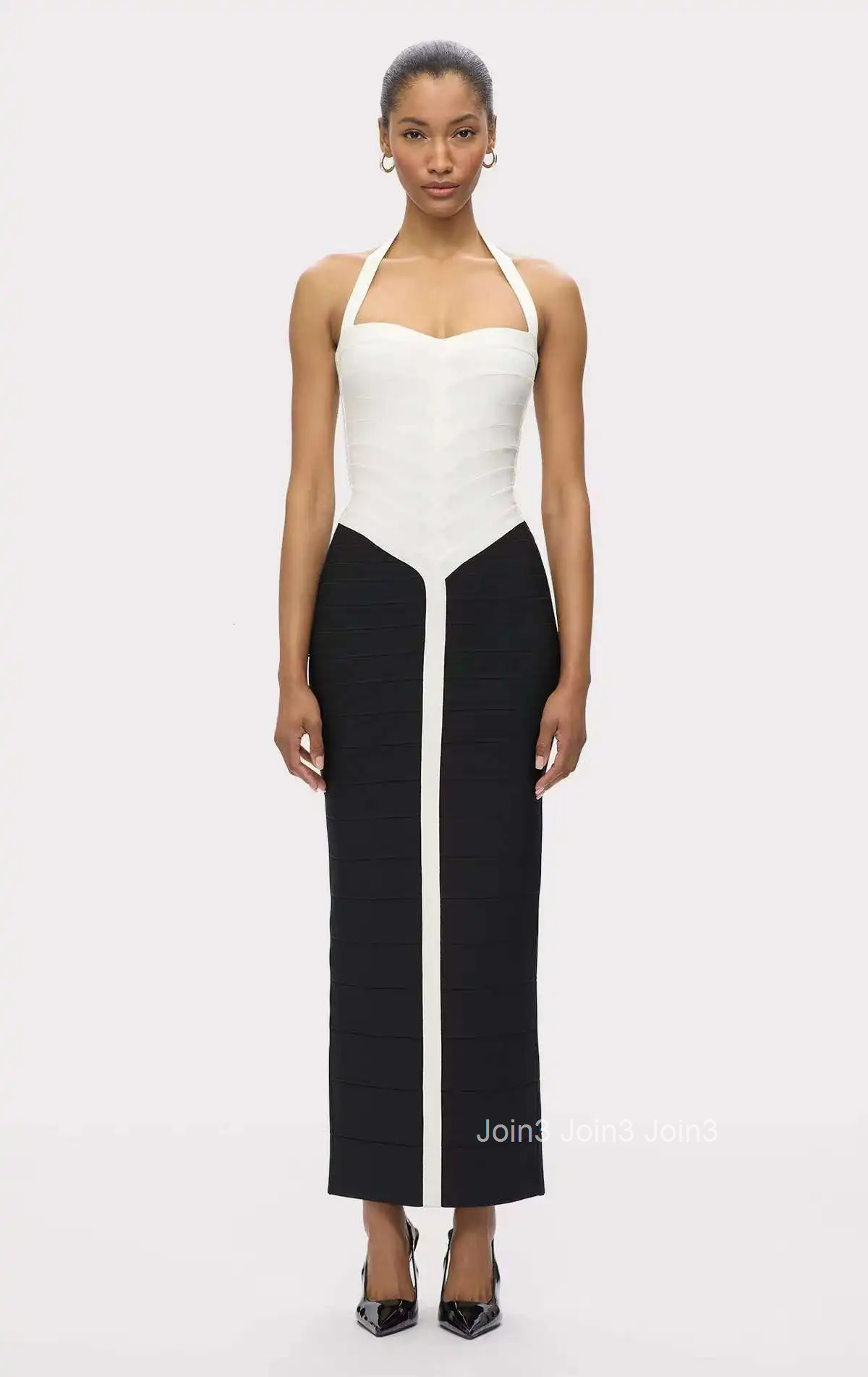 White Beige Halter Neck Bodycon Dress 2025 Elegant Formal Party Guest Dress with High Waist Two-Tone Slim Fit Evening Gown