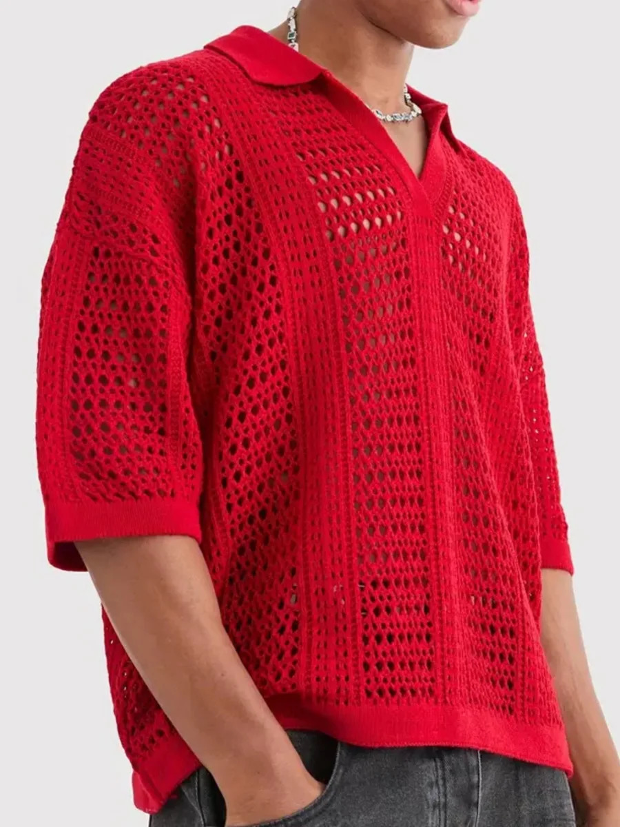 Fashion Red Knitted Polo Shirts for Men Hollow Out Mesh Texture Short Sleeve T-shirts Spring Summer Light Mature Style Knit Tops 250616