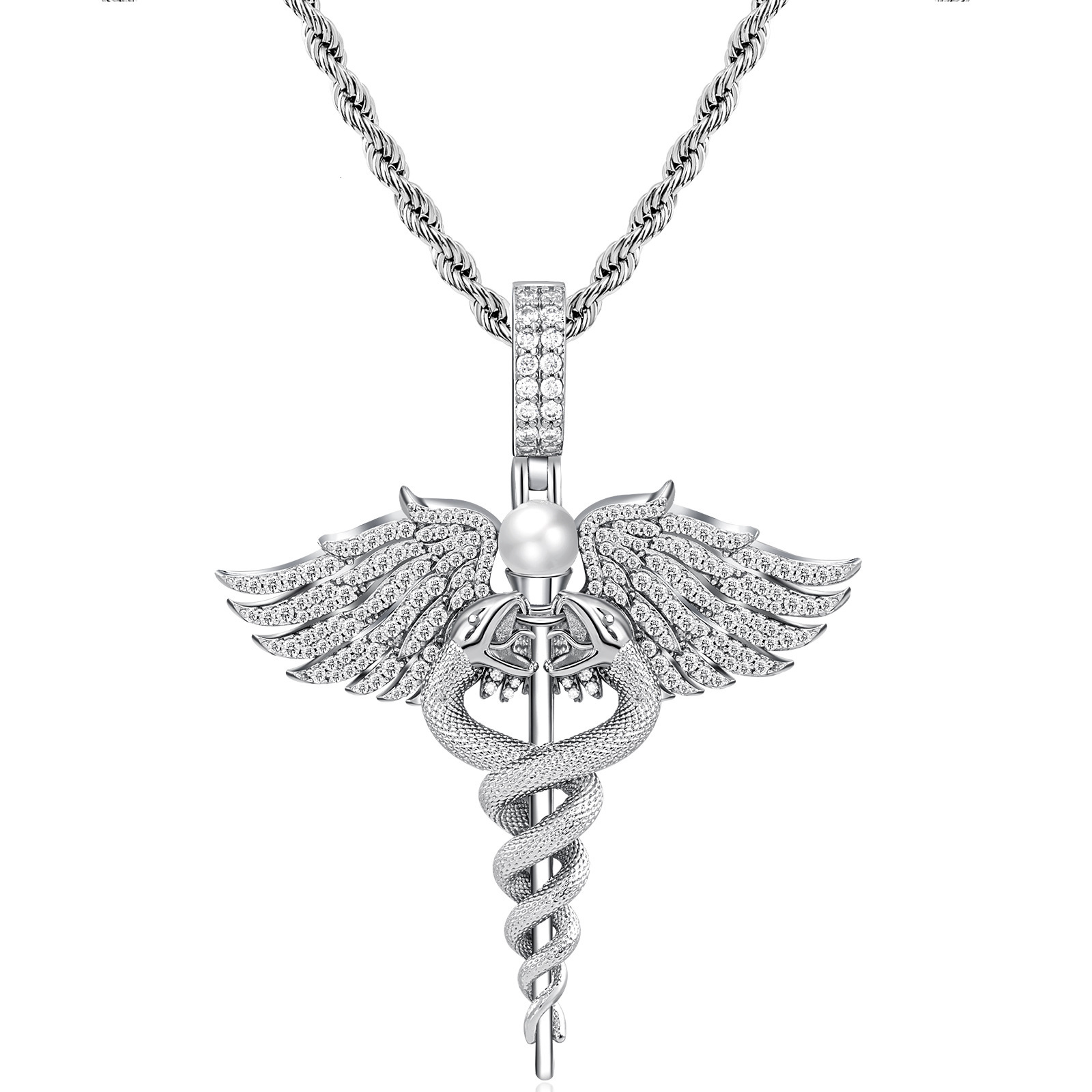 Luxury Hip Hop Moissanite Angel Wings Necklace with Diamond Inlaid Goddess Wings Pendant Golden Snake Design Personalized Men's Jewelry Pass the 