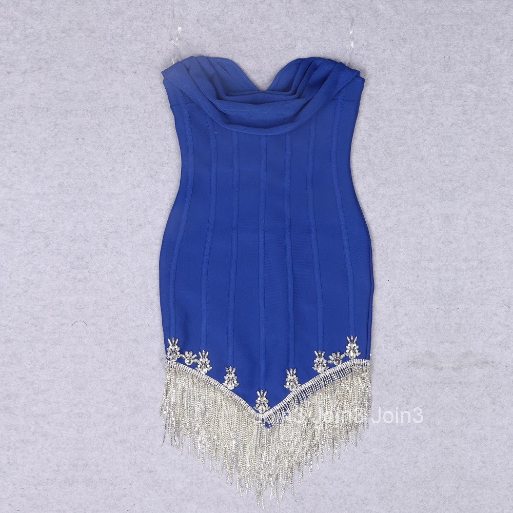New Women Sexy Strapless Backless Short Bodycon Bandage Dress Silver Jewelry Tassel Chain Elegant Evening Party Red Carpet Gown