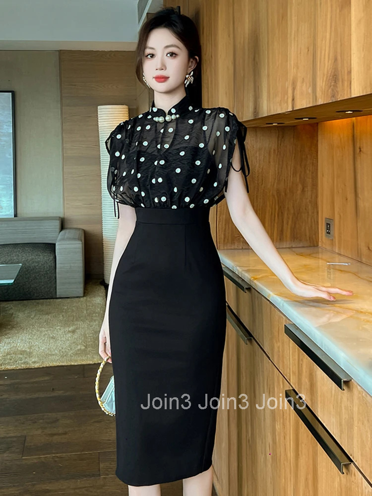 Women Clothes Fake 2-Piece Vintage Black Dot Print Short Sleeve Slim Pencil Dress Elegant Commute Formal Occasion Vestido Casual