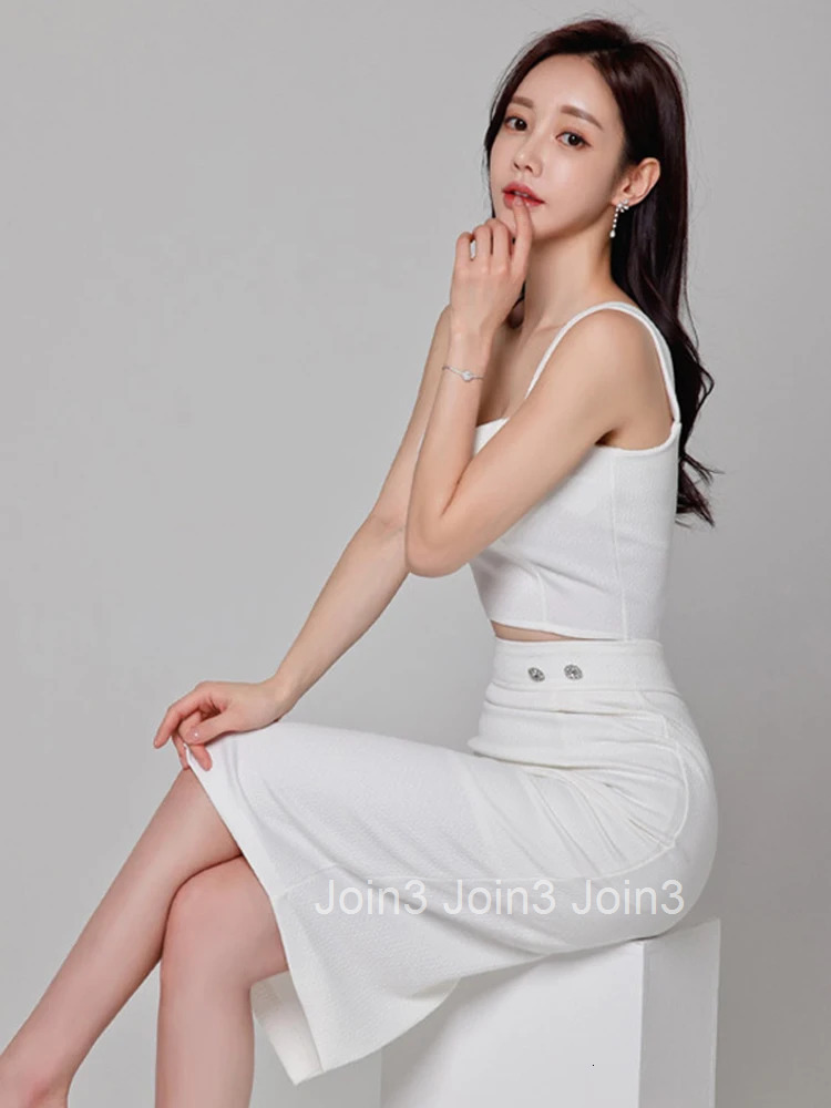 Summer White Sexy 2 Pieces Outfits Elegant Women Chic Strap Short Cropped Tops Shirt Blouse High Waist Midi Skirt Mujer Slim Set