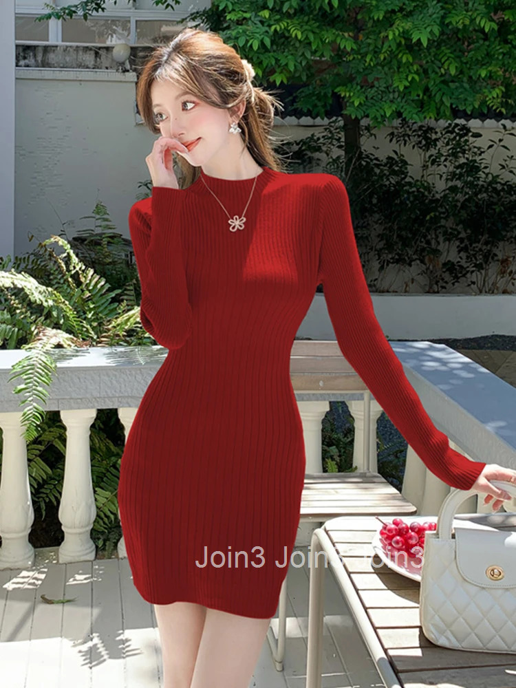 New Autumn Winter Knitted Simple Stretchy Short Dress Women Clothes Sweater Casual Solid O-Neck Long Sleeve Skinny Mini Vestidos