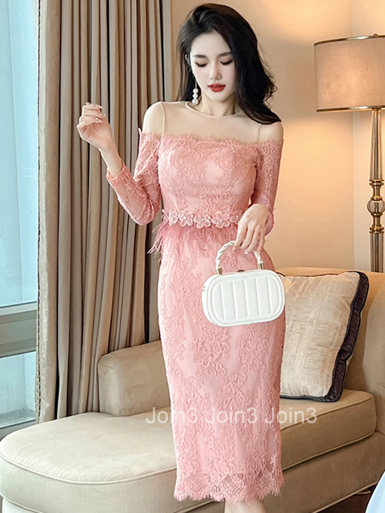 Fashion Pink Lace Long Evening Dress Women Ladies Clothing Chic Sweet Sexy O-Neck Slim Midi Party Prom Robe Femme Mujer Vestidos