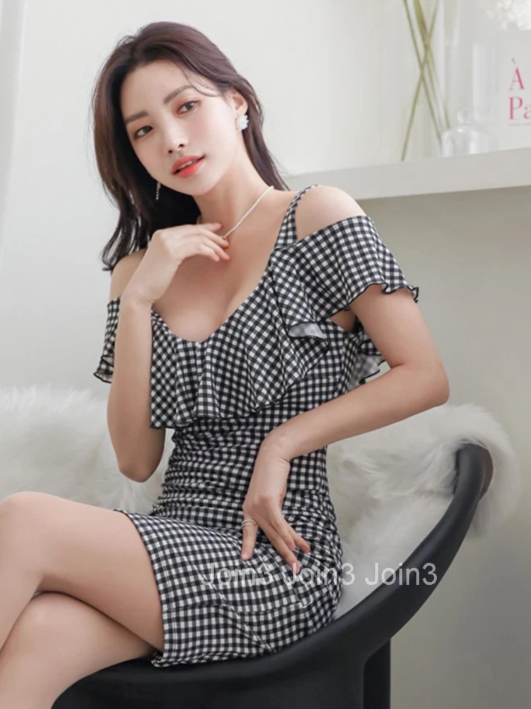 Korean Fashion Summer Elegant Women Evening Dress Mujer Chic Vintage Plaid Sexy Off-Shoulder Slim Midi Party Club Prom Vestidos
